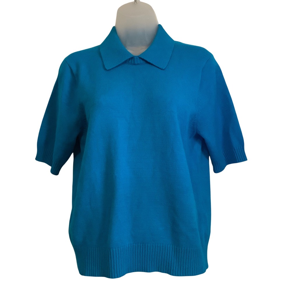 DKNY Womens Blue Short Sleeve SOFT Polo Collar Knit Sweater Top Size Large